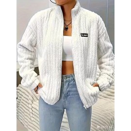 Plus Size, Plus Size Women's Elegant Casual Double-Faced Fleece-Lined Jacket with Ribbed Cuffs & High Neck, 100% Polyester Machine-Washable All-Season Outerwear, Black