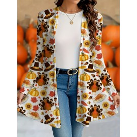 [Plus Size Turkey Cardigan] Plus Size Women's Thanksgiving Turkey Print Long Sleeve Cardigan | Lightweight Open Front, Stretchy Machine-Washable, Versatile Layering, Seasonal Fashion, Durable, Breathable