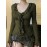 Women'S Vintage-Inspired Ruffle Trim Long Sleeve T-Shirt - Slim Fit, Black, Casual Style with Tie Waist Detail, All-Season Wear, Casual Wear Tee | Ruffle Detail Top | Glossy Texture