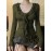 Women'S Vintage-Inspired Ruffle Trim Long Sleeve T-Shirt - Slim Fit, Black, Casual Style with Tie Waist Detail, All-Season Wear, Casual Wear Tee | Ruffle Detail Top | Glossy Texture