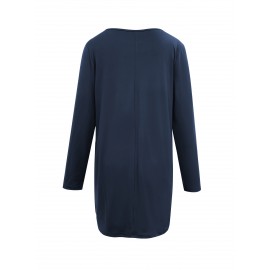 [Long Sleeve Tunic Top] Women's Long Sleeve Tunic Top - Relaxed Fit, Side Pockets, Easy-Care, Breathable Material, Versatile Shirt for Office, Errands, Outings, Casual Everyday Blouse, Minimalist Style, Simple Elegant Design, Comfortable Wear