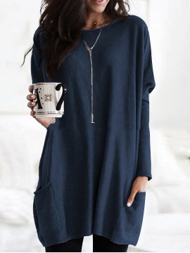 [Long Sleeve Tunic Top] Women's Long Sleeve Tunic Top - Relaxed Fit, Side Pockets, Easy-Care, Breathable Material, Versatile Shirt for Office, Errands, Outings, Casual Everyday Blouse, Minimalist Style, Simple Elegant Design, Comfortable Wear