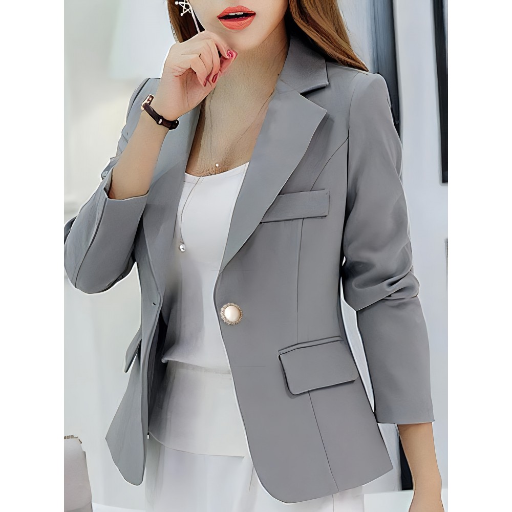 [Elegant Blazer] Elegant Light Grey Women's X-Silhouette Blazer | Machine Washable Regular Fit Long Sleeve Jacket for Spring Summer Fall, Office & Casual Wear, Structured Design, Single-Button Notch Lapel