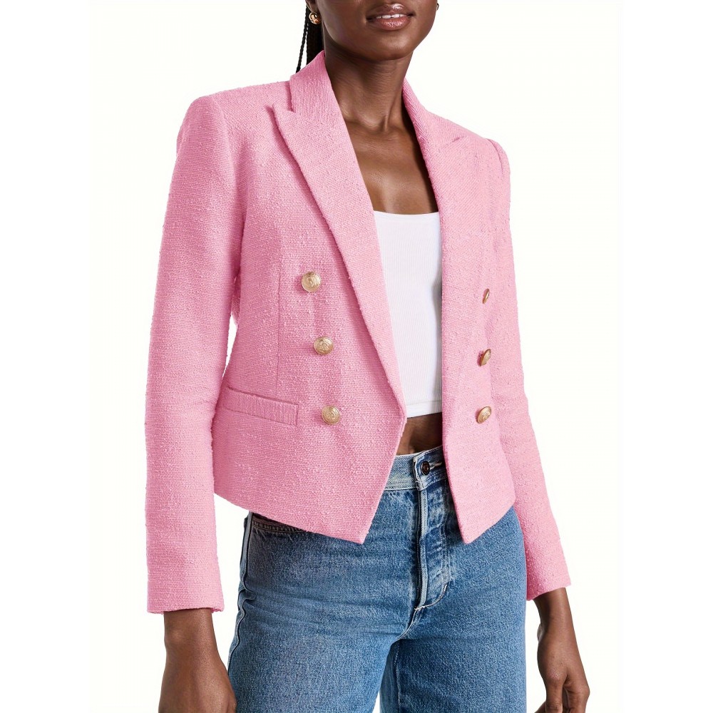 Double Breasted Cropped Blazer, Stylish Lapel Neck Open Front Long Sleeve Business Suit For Spring & Fall, Women's Clothing