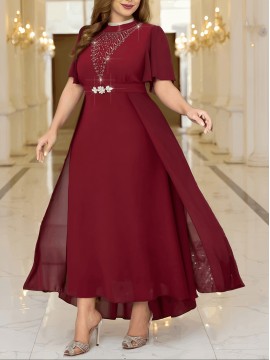 Plus Size - 2025 New Plus-Size Women'S Summer Dress with a Waist-Cinching Design That Flatters The Figure, Elegantly Concealing The Belly, Featuring a Stylish Faux Two-Piece A-Line Silhouette.